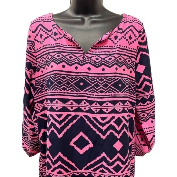 Pink Blush Magenta Navy Dress Aztec Tribal Print Shirt Style Roll Sleeve Small - Picture 3 of 11